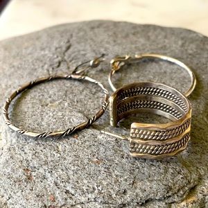 Native American Three Solo Sterling Cuff and Hoops Earrings